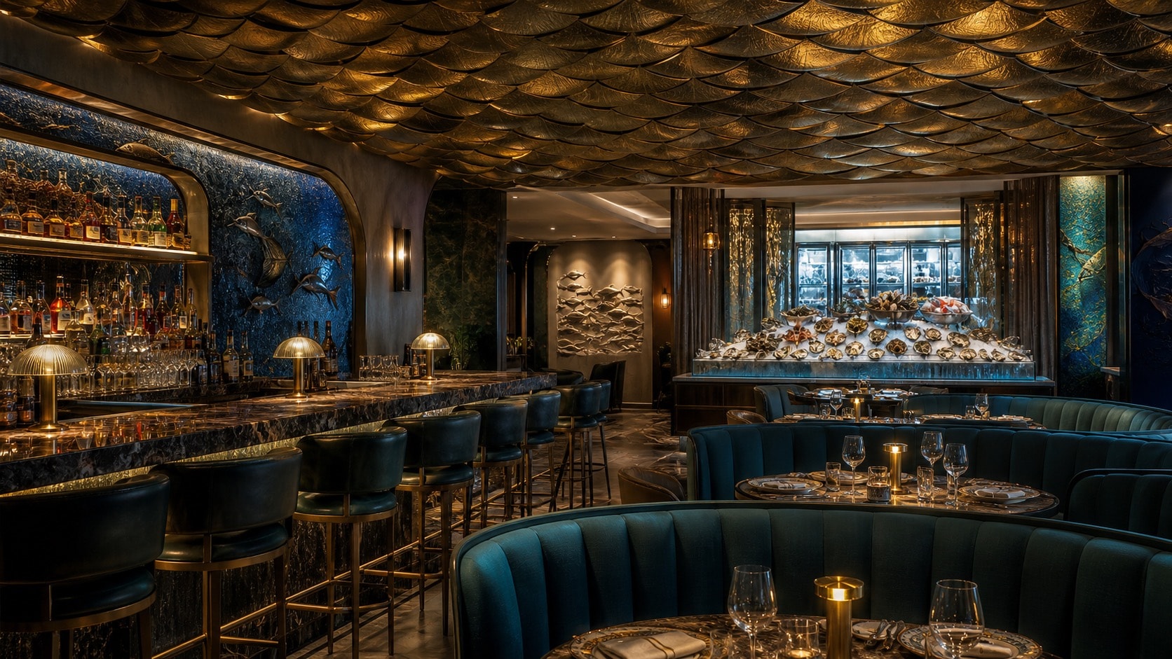Restaurant study, Seafood bar, brass scales, stone, planted shadows (day)
