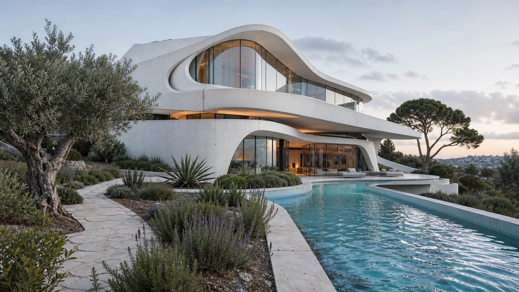 Villa study, Sculptural shell, real planting, rippled pool water